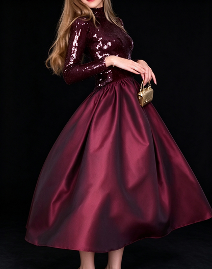 Burgundy Sequin Long Sleeve High Neck Satin A Line Evening Dress fg8973