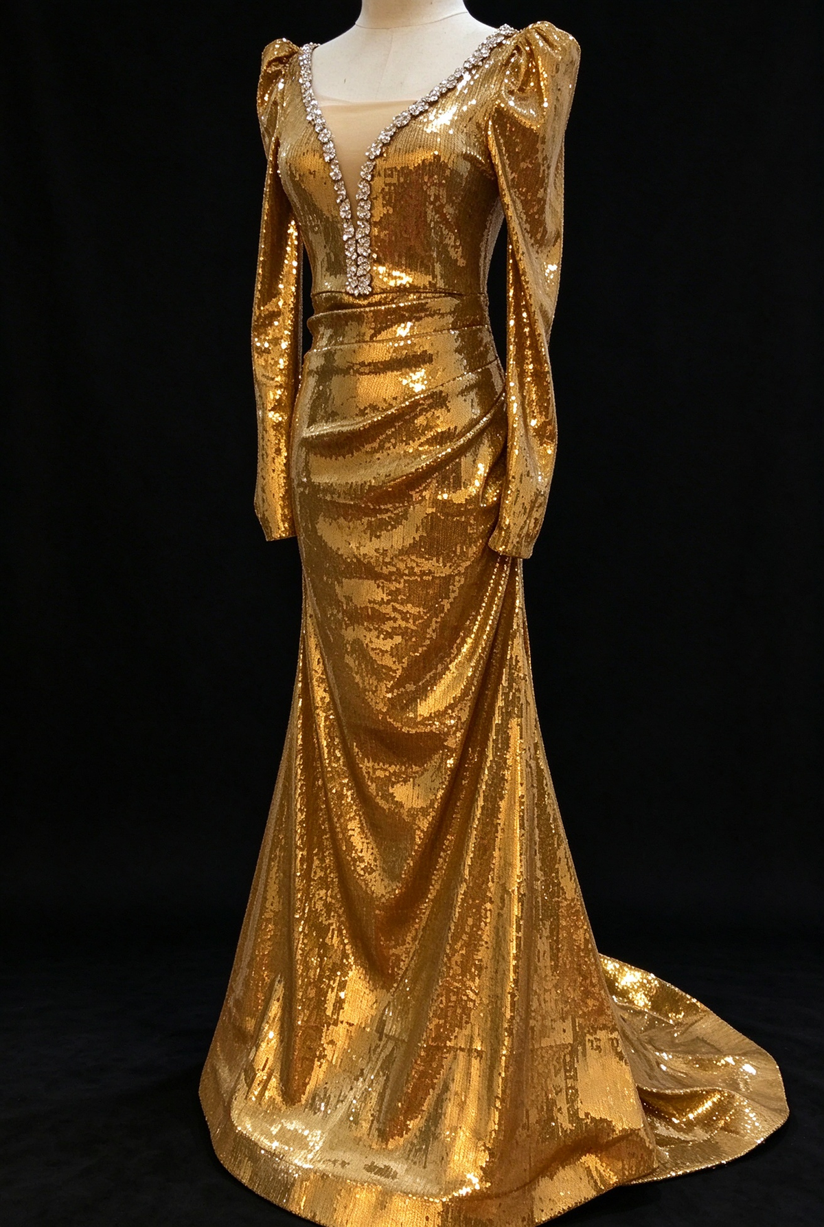 Gold V Neck Long Sleeve Sequin Mermaid Evening Gown fg8975