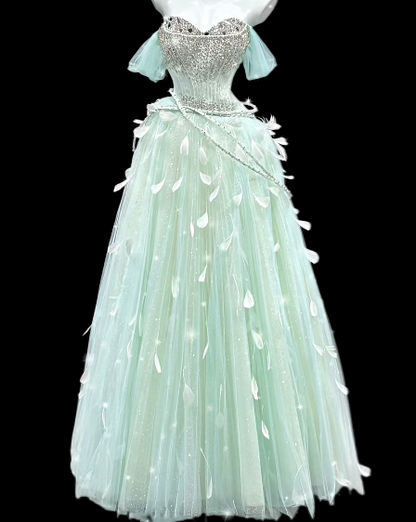 Mint Off Shoulder Sparkle Tulle Feather Prom Dress fg9085