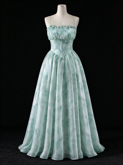 Sage Green Floral Spaghetti Strap Corset Long Evening Gown fg9097