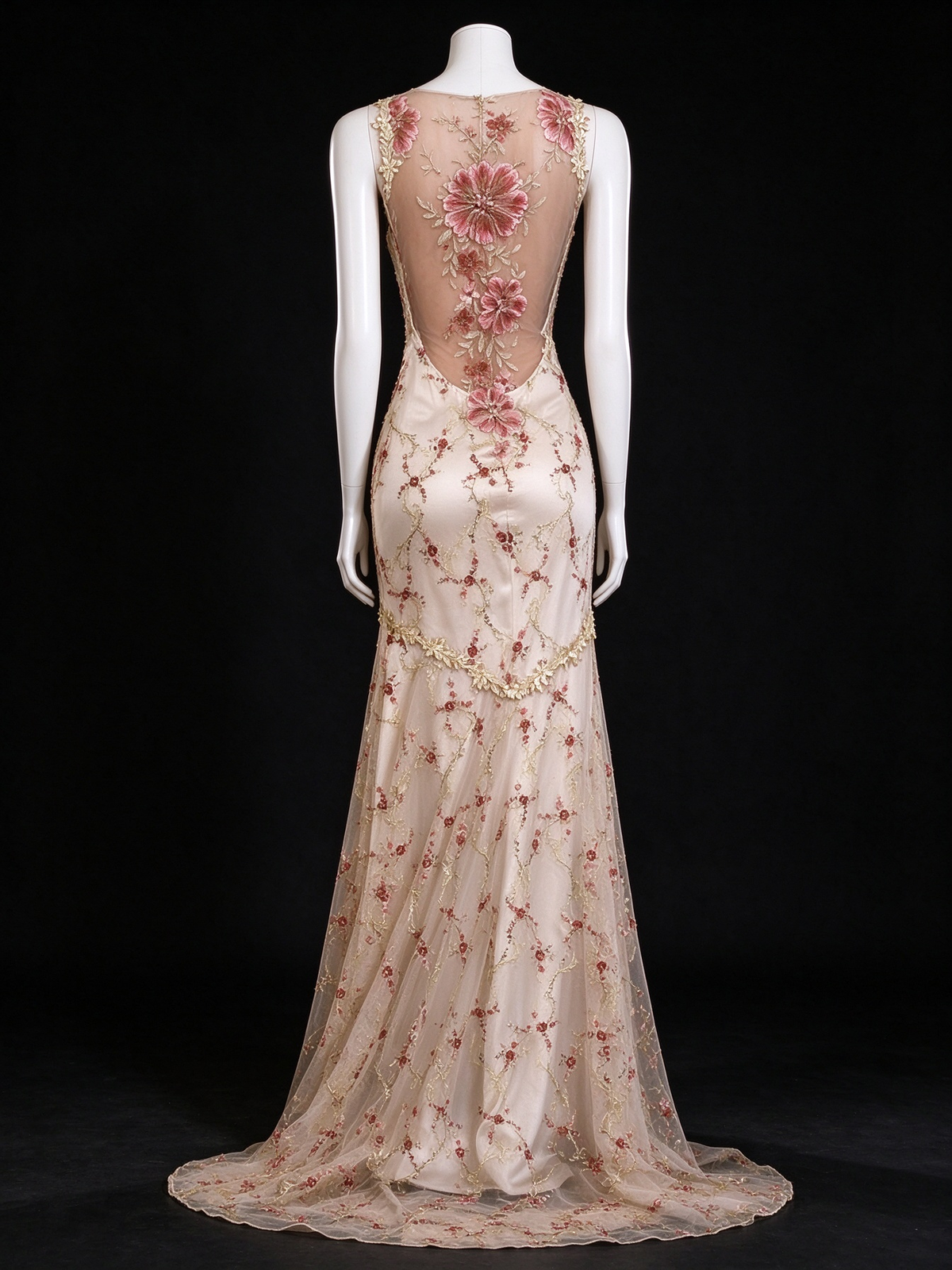 Champagne Floral Embroidery V-Neck Mermaid Long Evening Gown fg9098
