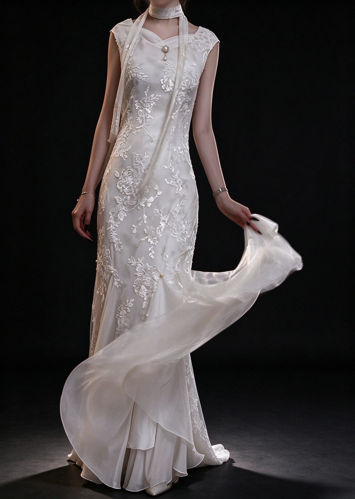 Ivory Floral Lace Mermaid Evening Gown With Sheer Ribbon Choker fg8980