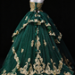 Strapless Green Tulle Ball Gown with Bow & Gold Embroidery, Formal Evening Dress fg8936