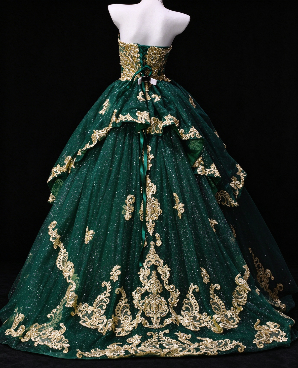 Strapless Green Tulle Ball Gown with Bow & Gold Embroidery, Formal Evening Dress fg8936