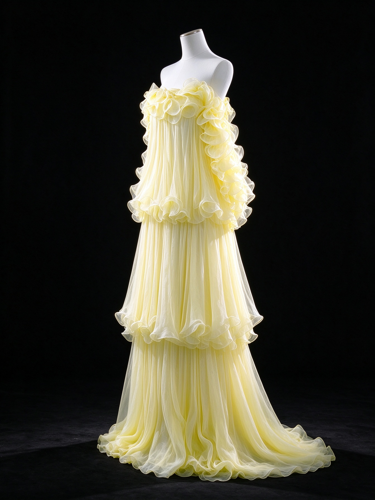 Yellow Strapless Tiered Ruffled Chiffon Evening Dress fg9138