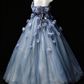 Strapless Blue Tulle Ball Gown with 3D Floral Appliqués, Formal Evening Dress fg8937