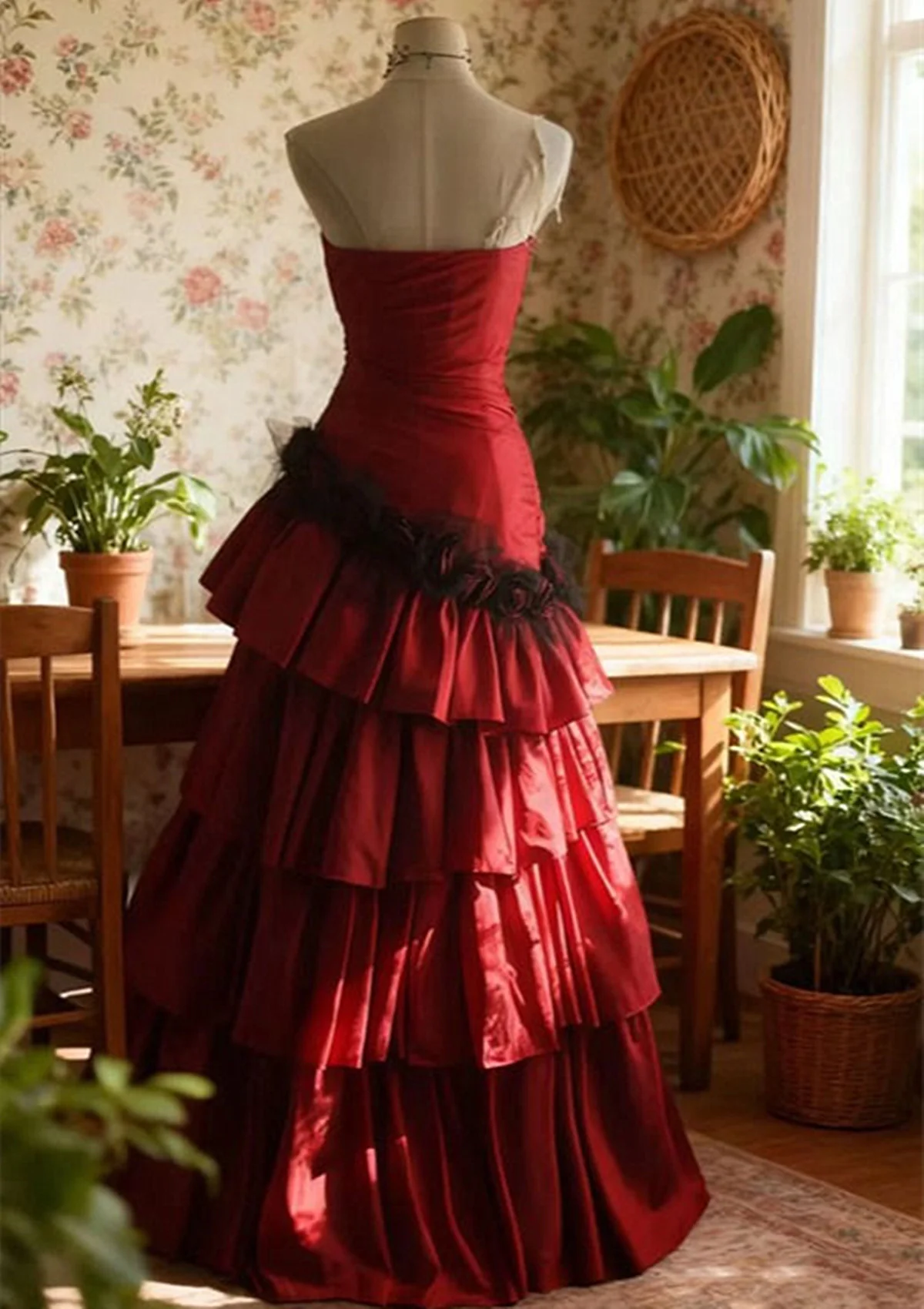 Elegant Red Gothic Tiered Ball Gown, Strapless Sweetheart Ruffle Prom Dress  fg8728