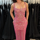 Superbe robe de soirée longue rose à bretelles spaghetti et paillettes et perles, robe de soirée formelle fg8357