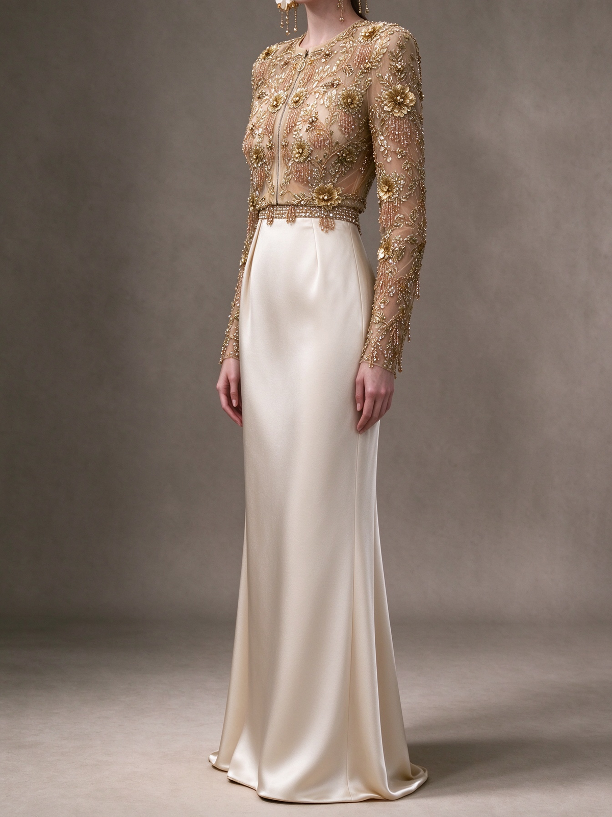 Champagne Two-Piece Evening Gown, Long Sleeve Sheer Tulle Top With 3D Gold Floral Beading, Satin Mermaid Skirt fg8999