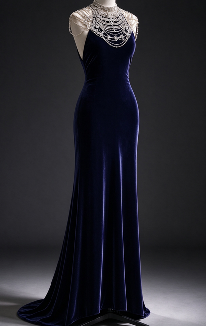 Navy Blue Velvet Mermaid Evening Gown  fg8981