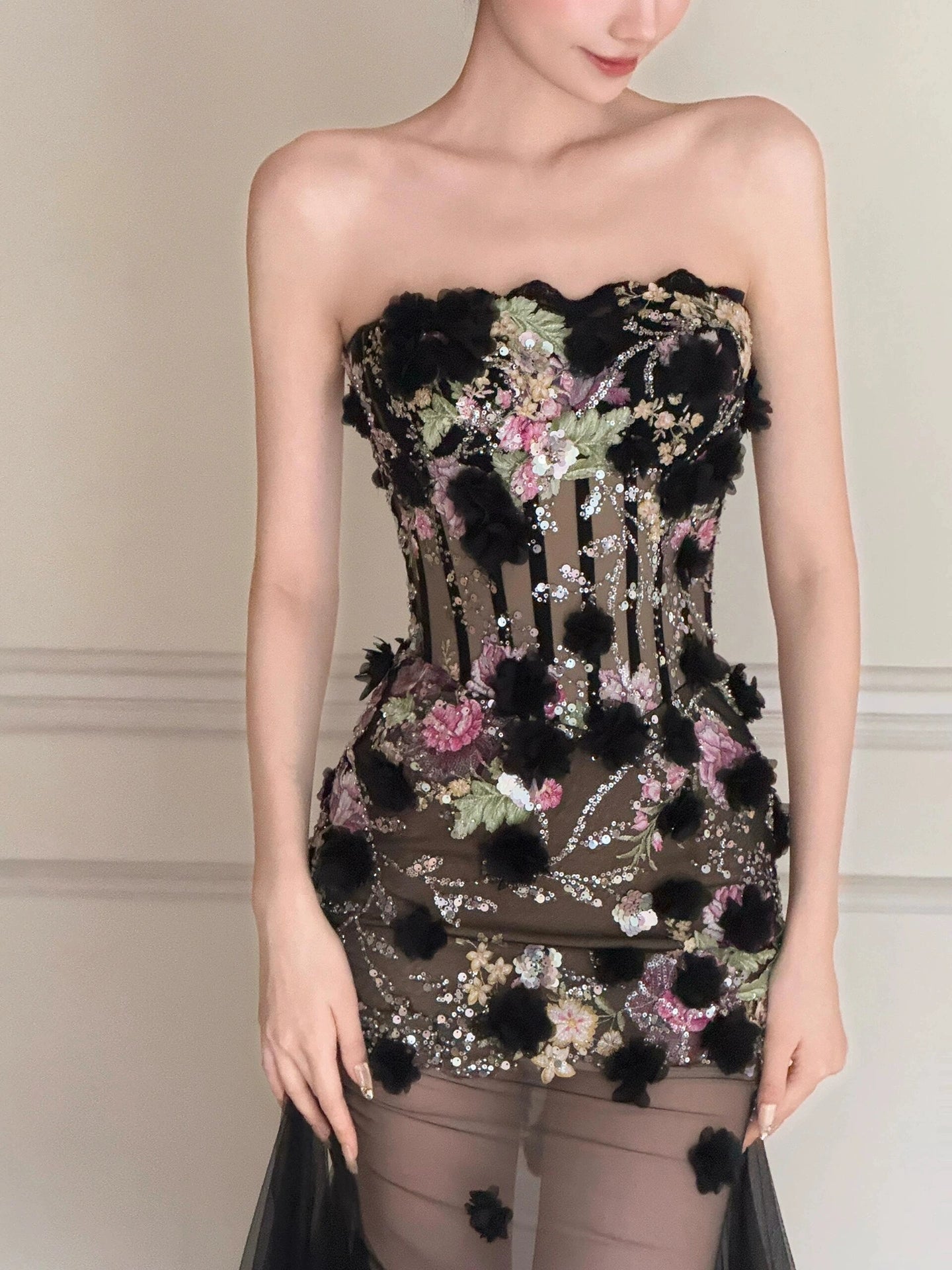 Black Long Prom Dress With Flowers Formal Evening Party Dress Birthday Outfit fg8258