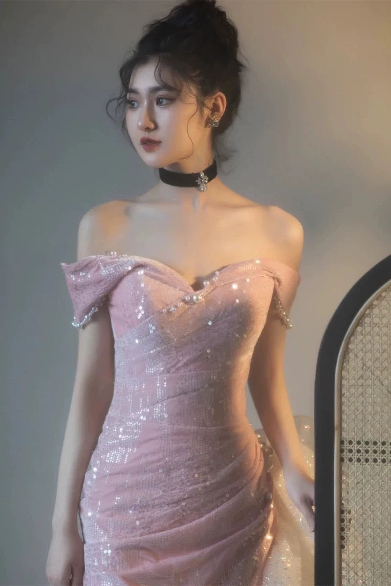Robe de bal sirène à épaules dénudées et paillettes, robe de soirée scintillante fg5081
