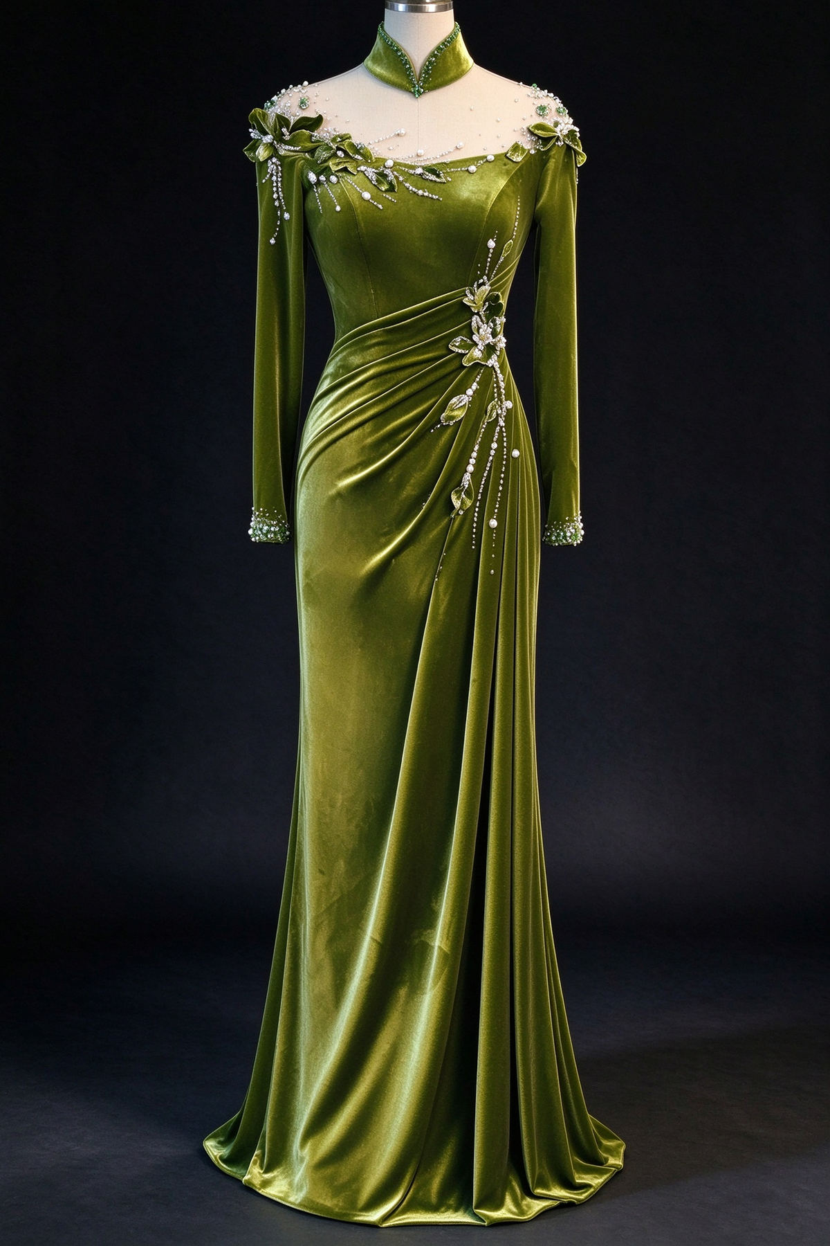 Olive Green Velvet Mermaid Evening Gown with Stand Collar, 3D Floral & Crystal Beading fg9022