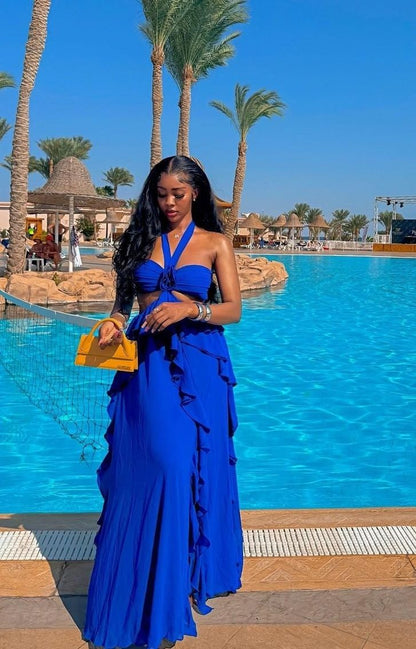 Royal Blue Halter Evening Dresses Long Chiffon Prom Gowns  fg7475