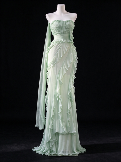 Sage Green Strapless Ruffled Chiffon Mermaid Evening Dress fg9135