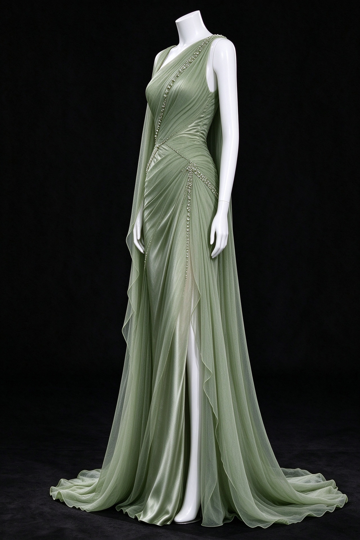 Sage Green One Shoulder Beaded Satin Tulle Evening Gown fg9075