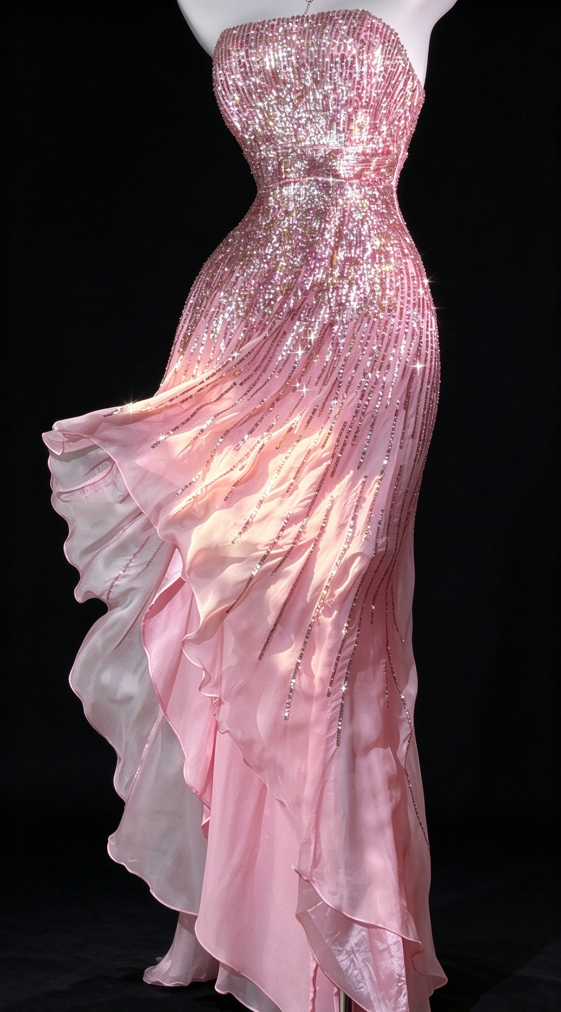 Pink Strapless Beaded Ruffle Mermaid Evening Dress fg9121