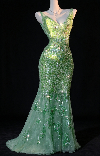 Sage Green V Neck Backless Beaded Mermaid Evening Dress fg9123