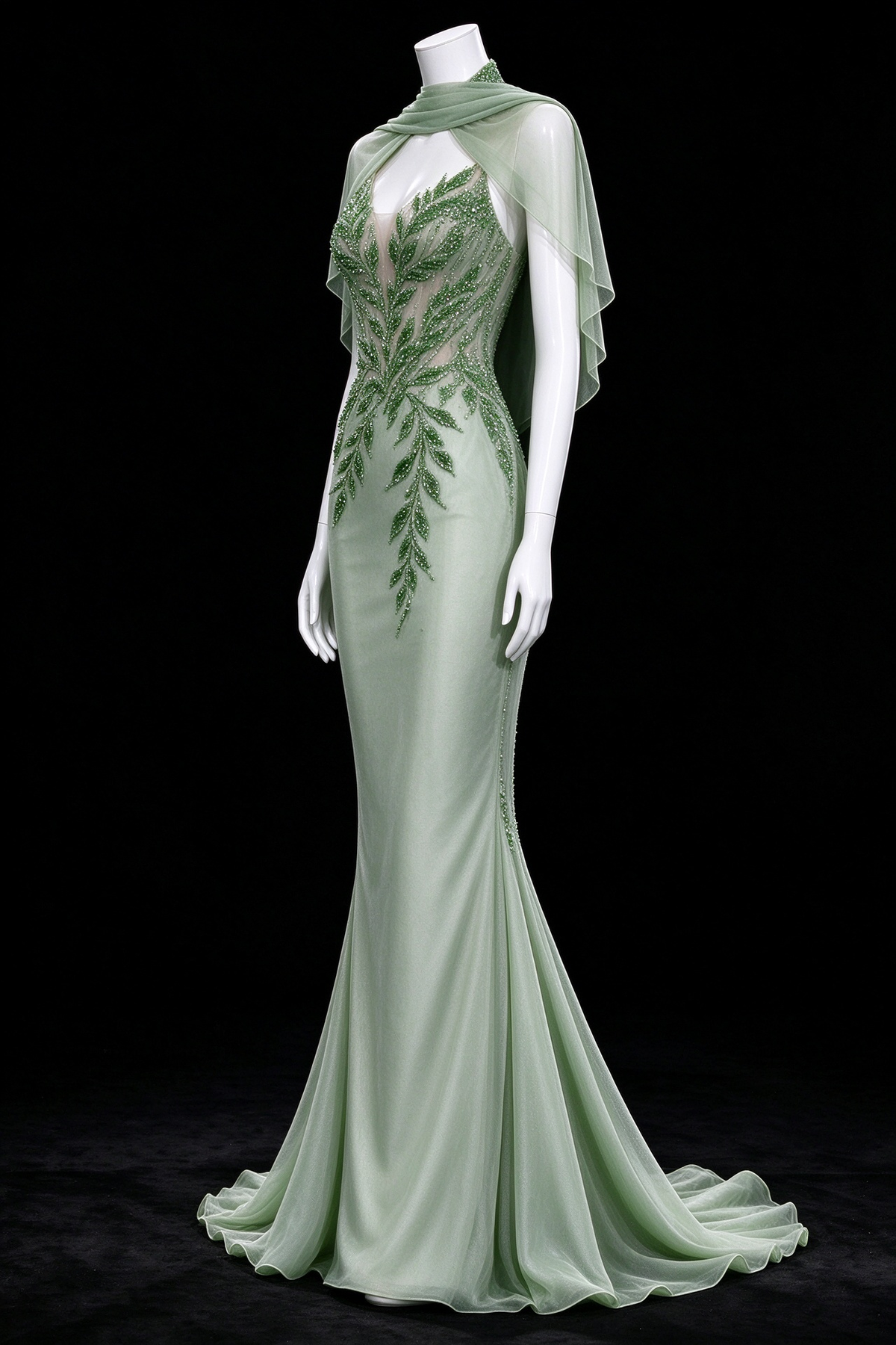Sage Green Cape Leaf Beaded Tulle Mermaid Evening Gown fg9073
