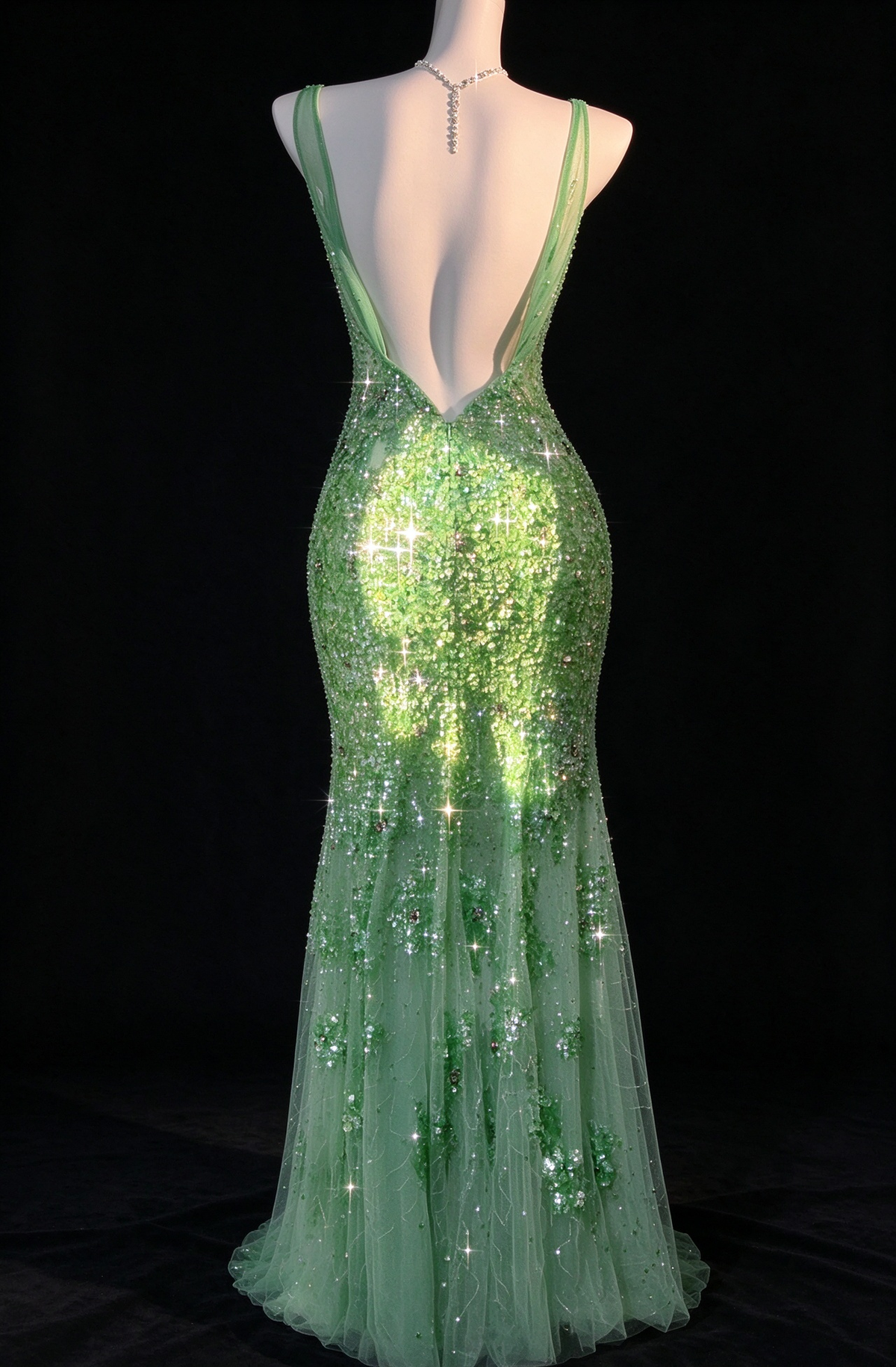 Sage Green V Neck Backless Beaded Mermaid Evening Dress fg9123