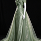 Sage Green Off Shoulder Bow Satin Tulle A Line Evening Gown fg9076