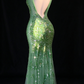 Sage Green V Neck Backless Beaded Mermaid Evening Dress fg9123