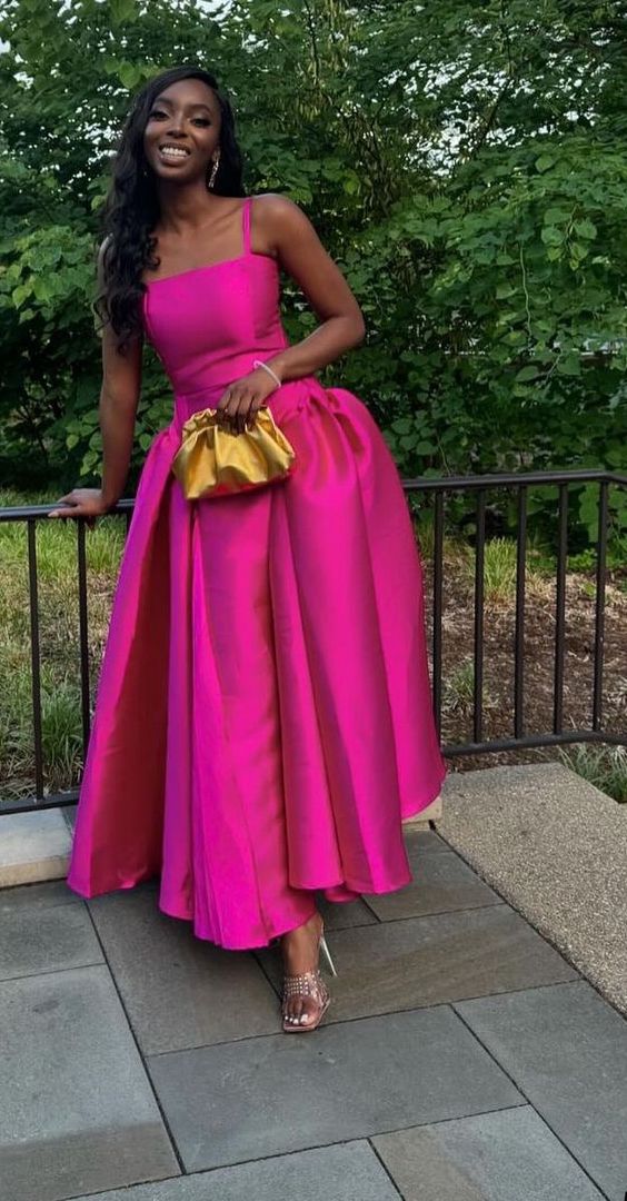 Fuchsia Spaghetti Straps A-Line Satin Long Formal Party Dress    fg7476