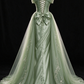 Sage Green Off Shoulder Bow Satin Tulle A Line Evening Gown fg9076