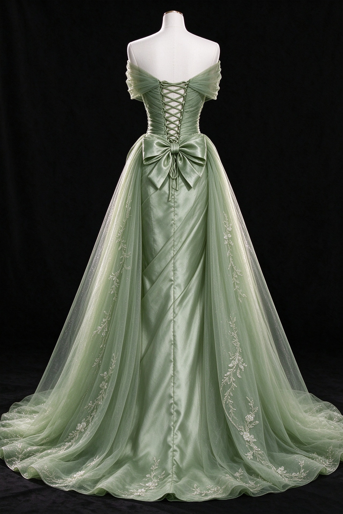 Sage Green Off Shoulder Bow Satin Tulle A Line Evening Gown fg9076
