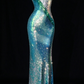 Turquoise One Shoulder Sequin Mermaid Evening Dress fg9124