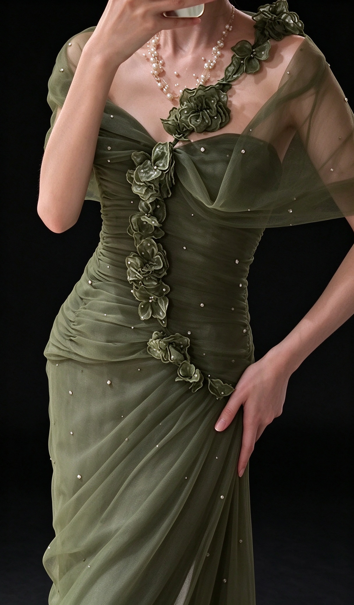 Sage Green Off-the-Shoulder 3D Floral Beaded Tulle Formal Evening Gown fg9052