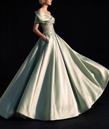 Mint Green Off-the-Shoulder Lace Applique Satin Ball Gown fg9053