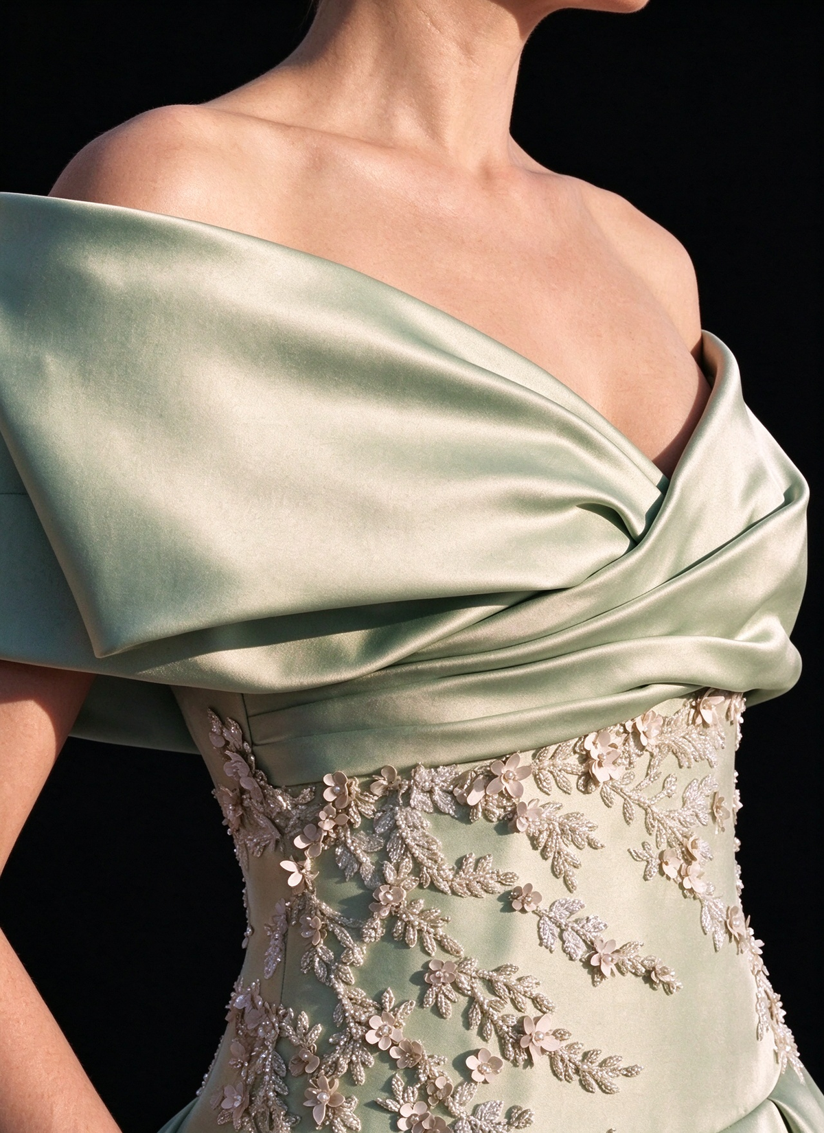 Mint Green Off-the-Shoulder Lace Applique Satin Ball Gown fg9053