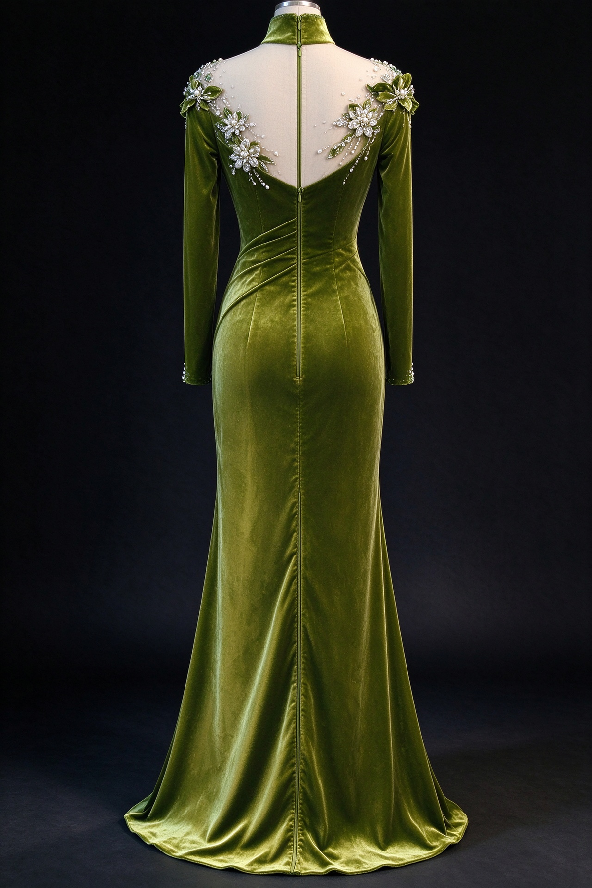 Olive Green Velvet Mermaid Evening Gown with Stand Collar, 3D Floral & Crystal Beading fg9022