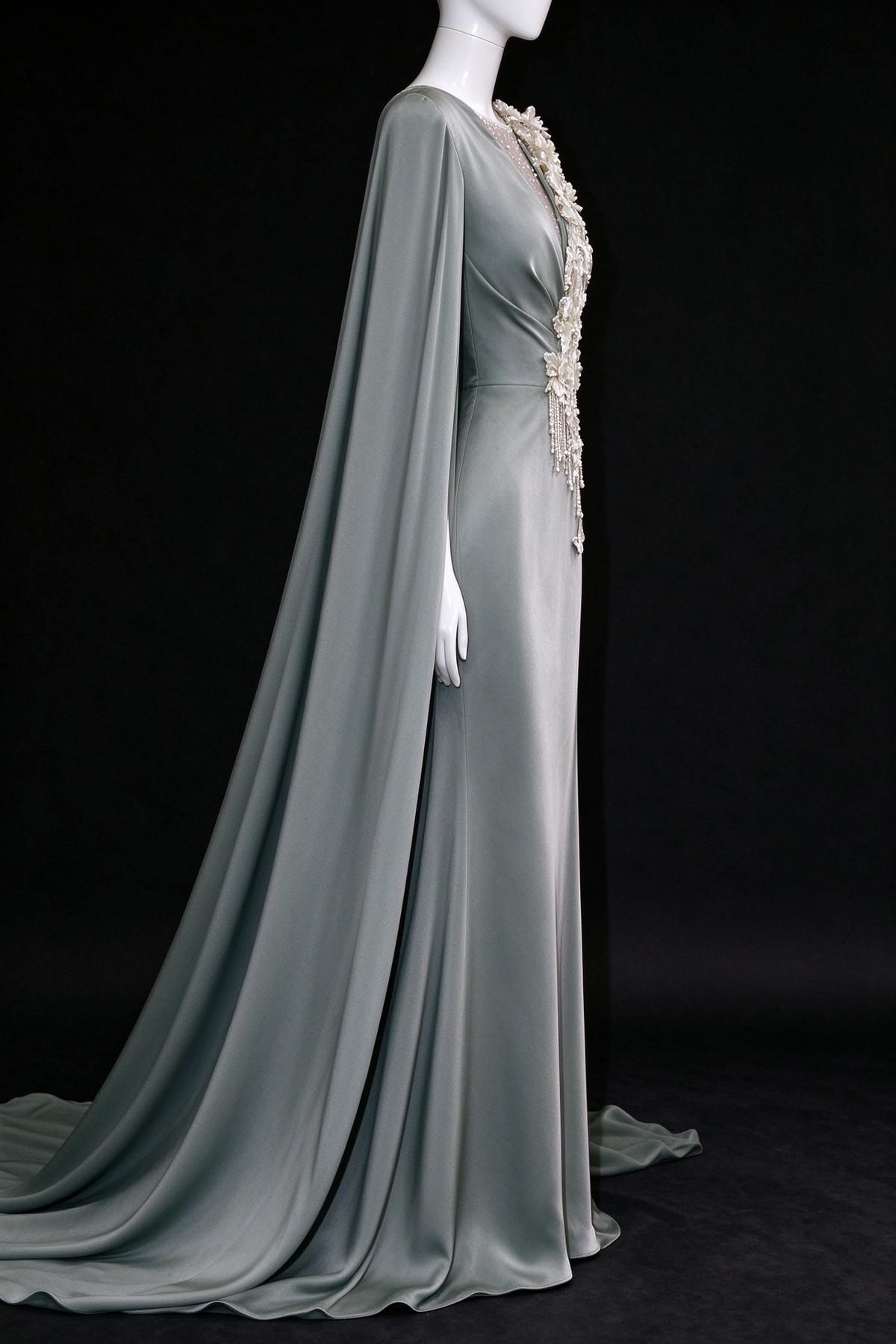Sage Green Satin Cape Sleeve Evening Gown, 3D Floral & Beaded Butterfly Appliques fg9040
