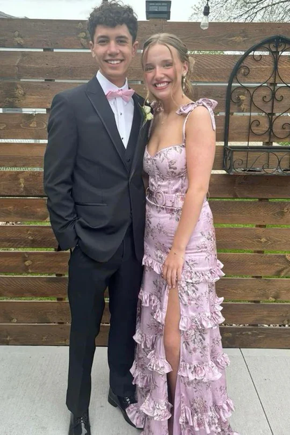 Elegant Double Straps Print Sleeveless Ruffles Prom Dress with Slit fg8303