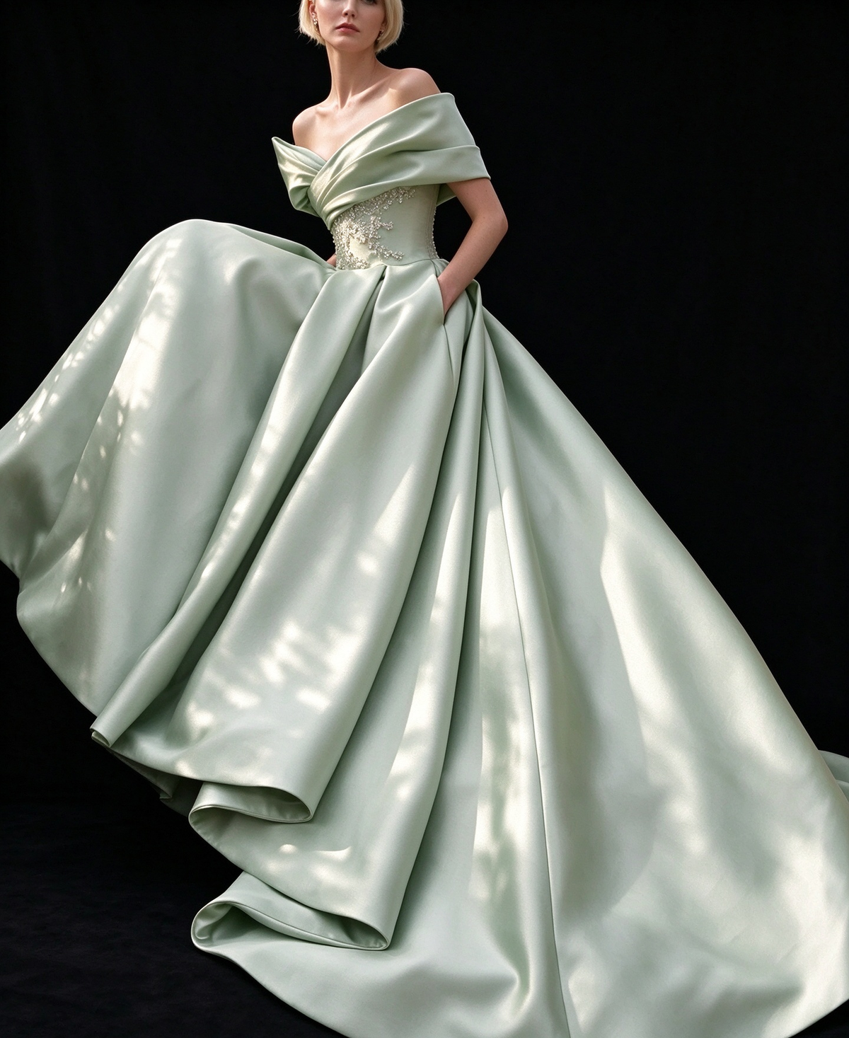Mint Green Off-the-Shoulder Lace Applique Satin Ball Gown fg9053