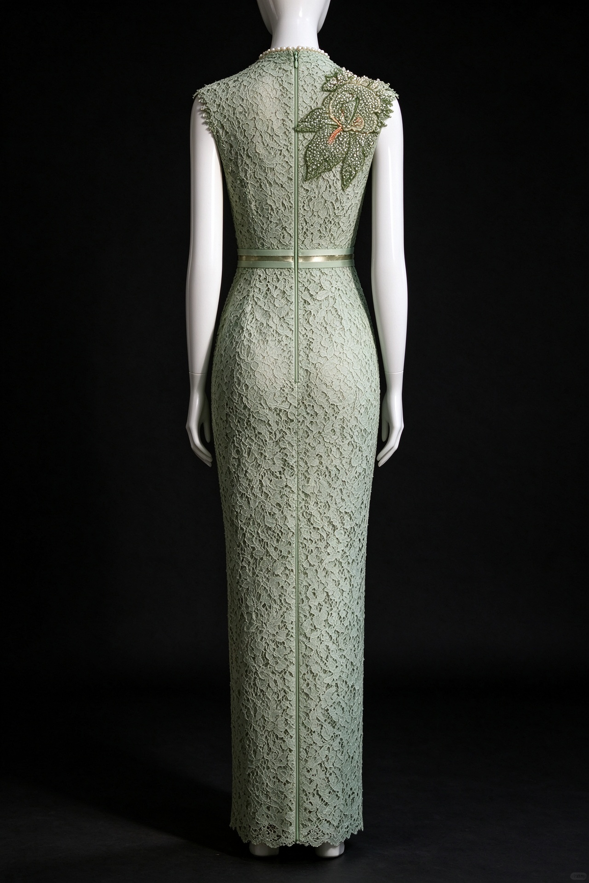 Sage Green High-Neck Cap Sleeve Lace Sheath Formal Evening Gown fg9060