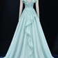 Mint Green Off Shoulder Long Sleeve 3D Floral Tulle Ball Evening Gown fg9062