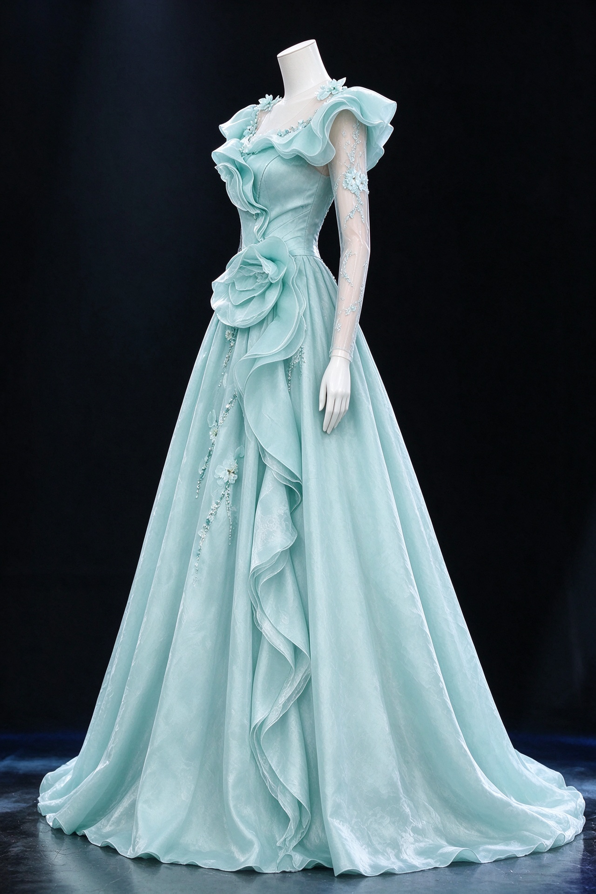 Mint Green Off Shoulder Long Sleeve 3D Floral Tulle Ball Evening Gown fg9062