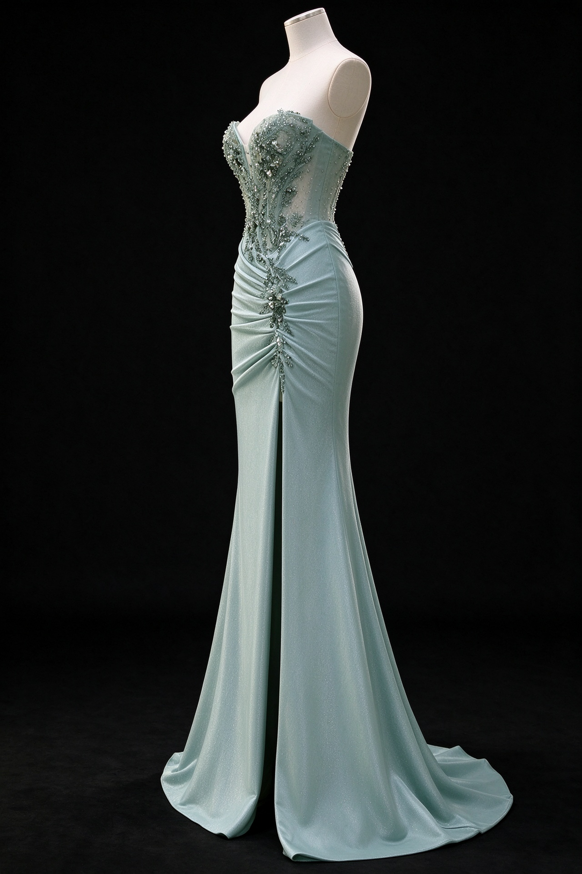 Sage Green Sweetheart Beaded Corset Satin Mermaid Formal Evening Gown fg9063