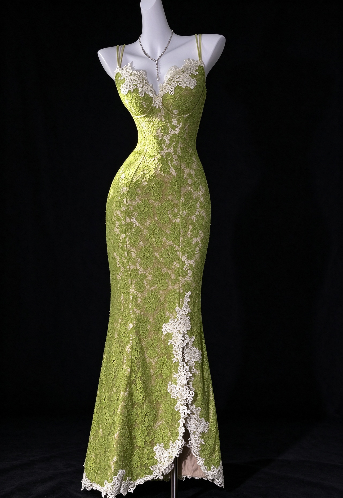 Sage Green Spaghetti Strap Lace Mermaid Evening Dress With Slit fg9127