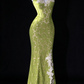 Sage Green Spaghetti Strap Lace Mermaid Evening Dress With Slit fg9127