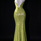 Sage Green Spaghetti Strap Lace Mermaid Evening Dress With Slit fg9127