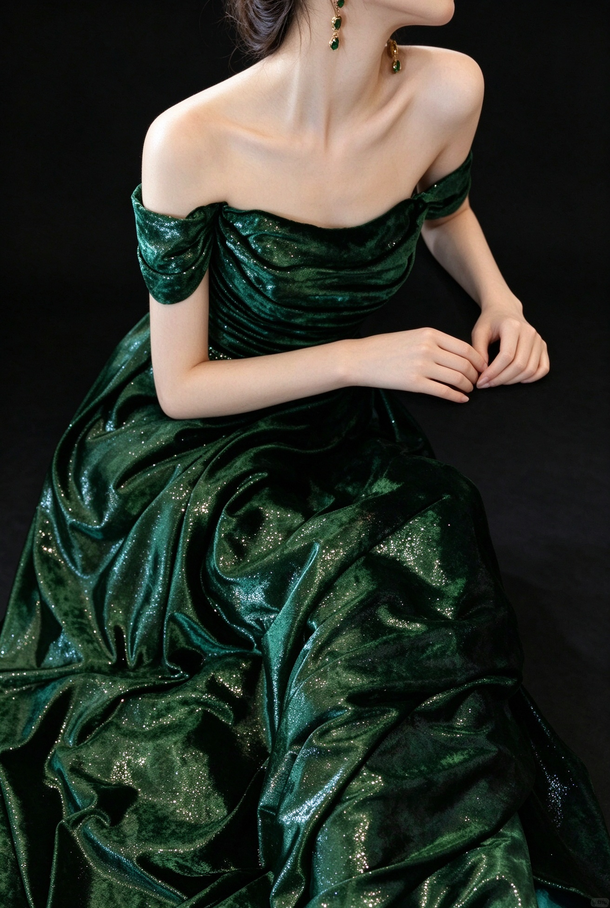 Green Off-the-Shoulder Glitter Velvet Formal Evening Gown fg9055