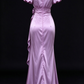Dusty Purple Satin V-Neck Puff Sleeve 3D Flower Waist Long Evening Dress fg9015