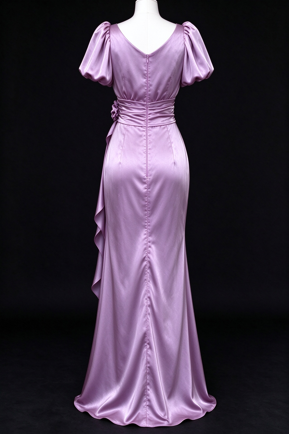 Dusty Purple Satin V-Neck Puff Sleeve 3D Flower Waist Long Evening Dress fg9015