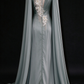 Sage Green Satin Cape Sleeve Evening Gown, 3D Floral & Beaded Butterfly Appliques fg9040