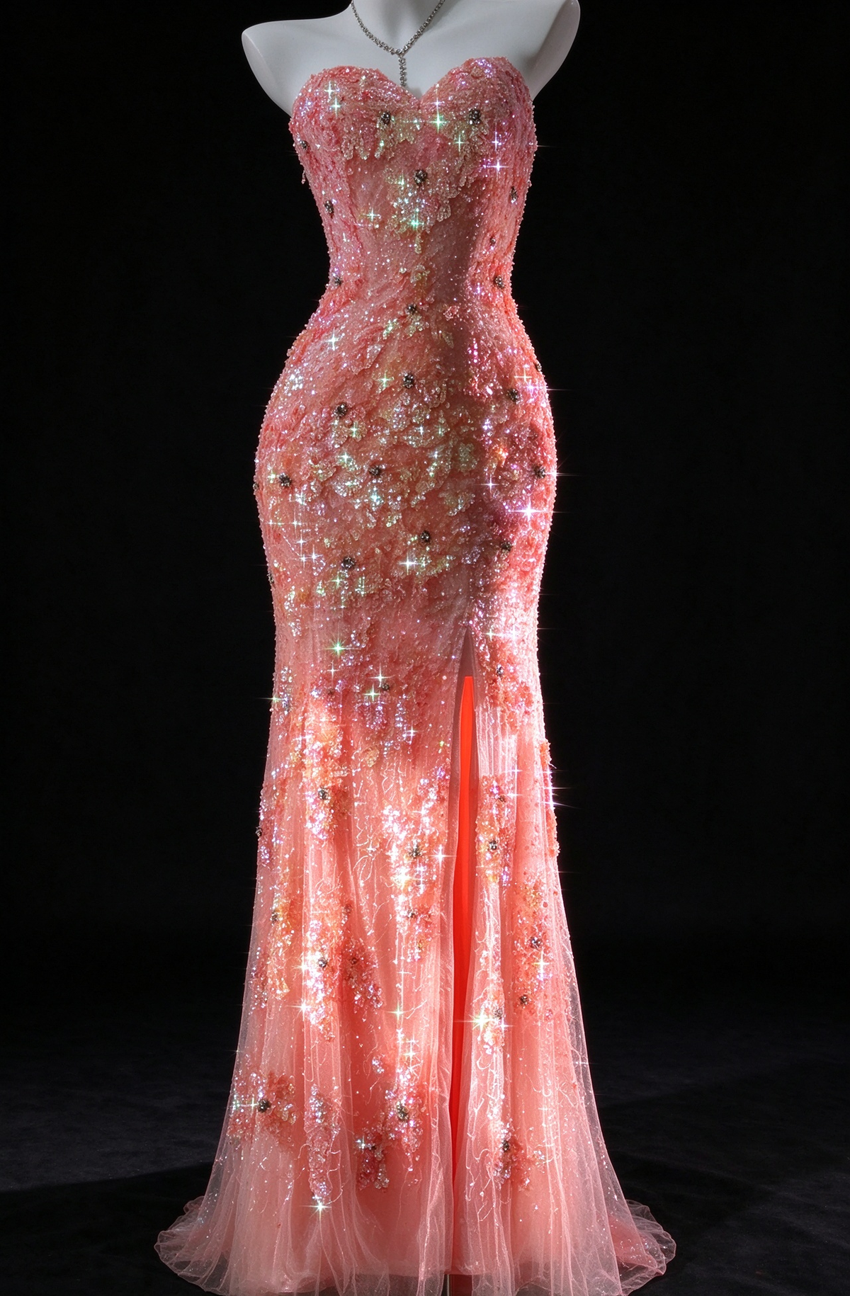 Coral Strapless Sequin Mermaid Evening Dress With Slit fg9128