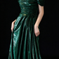 Green Off-the-Shoulder Glitter Velvet Formal Evening Gown fg9055